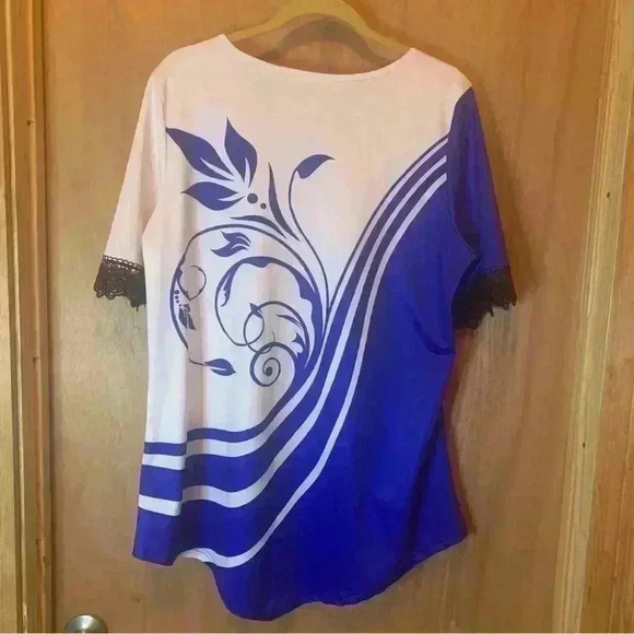 rosegal plus size tops 1X Blue With Lace Short Sleeve Crew Neck - Picture 6 of 13